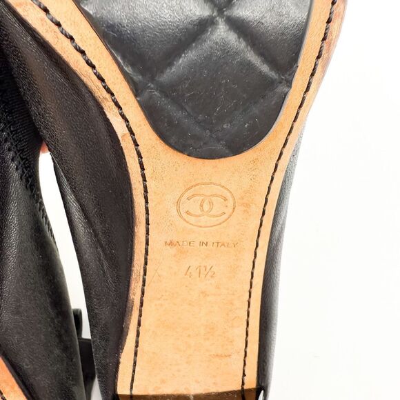 Chanel CC Logo Cap Toe Elastic Pumps Black Leather Heels EU 41.5 - Picture 8 of 12
